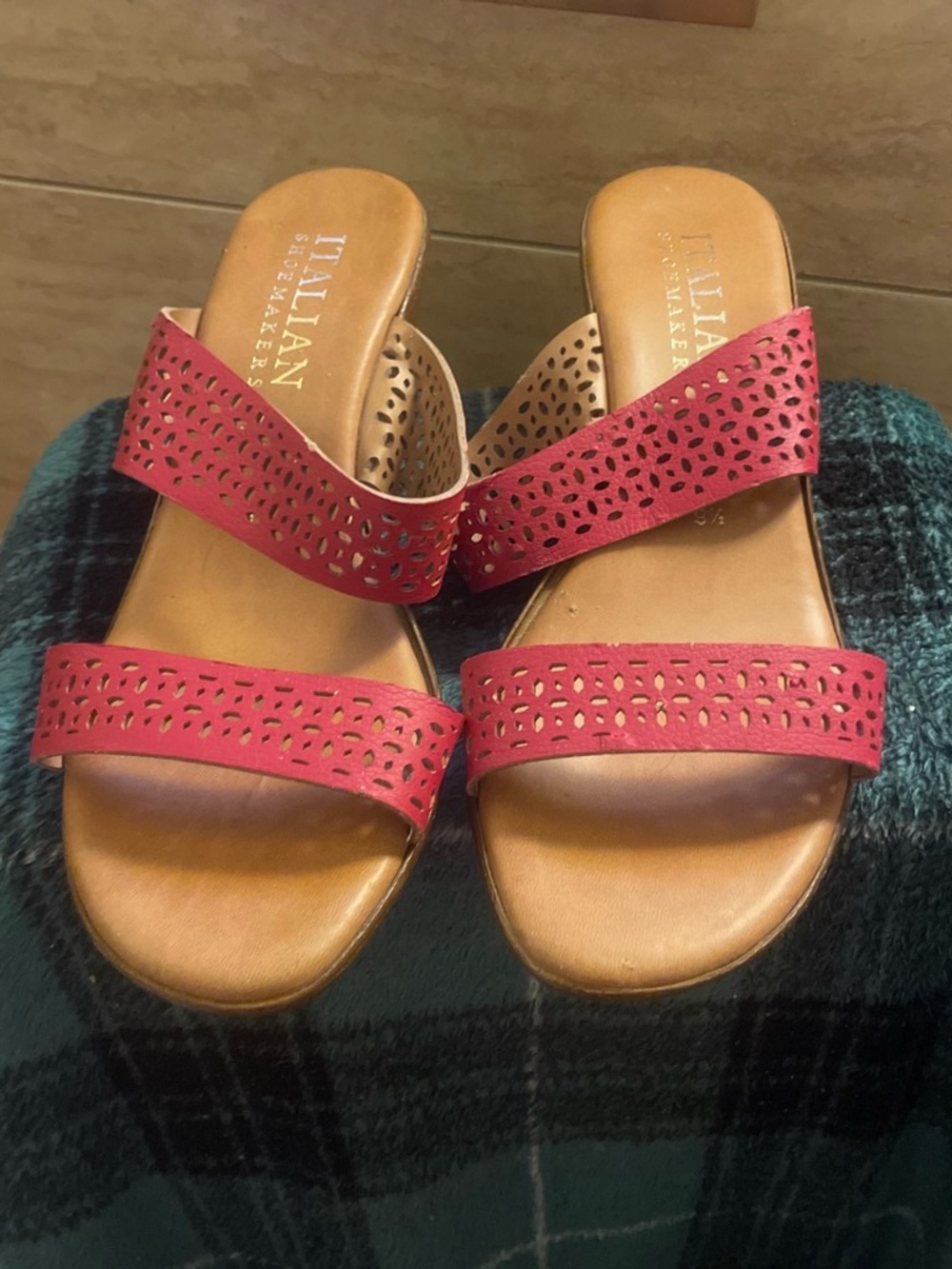 Italian Shoemakers Red Laser-Cut Double Strap Slide Sandals